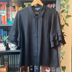 Black Button-Up Blouse with Ruffle Sleeves